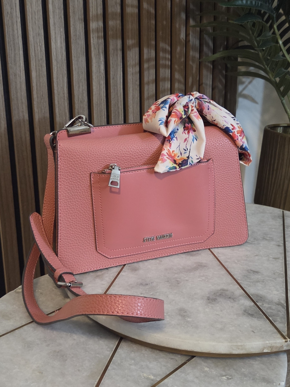 Steve Madden Coral Pink Pebbled Leather Crossbody with Floral Scarf